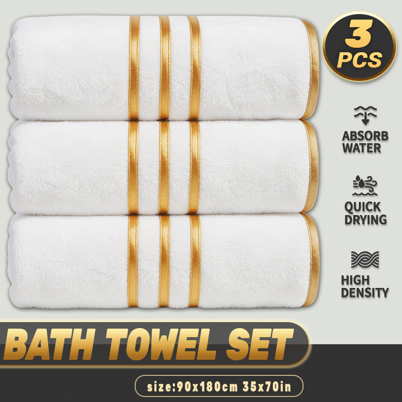 Image of 3pcs Oversized Cozy Bath Wrap Towel With Golden Stripe Trim, Fluffy Absorbent Towel Blanket, Ideal For Shower, Camping, Picnic& Daily Use