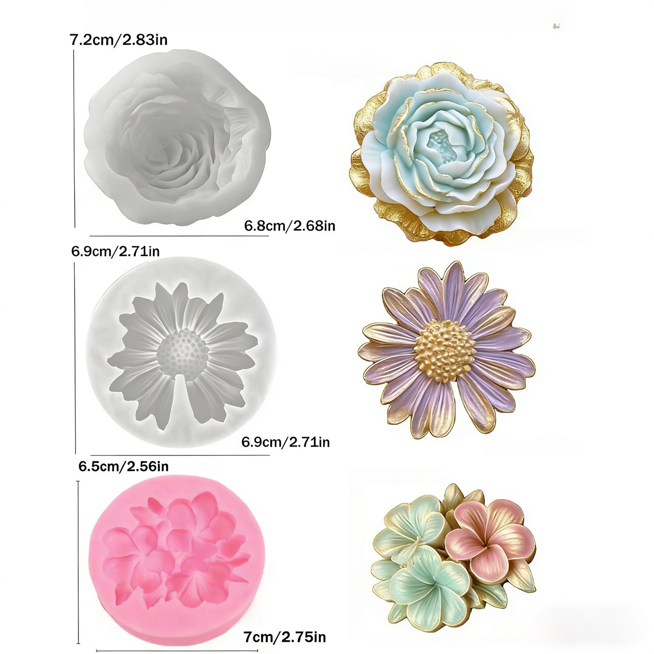 TEMU Resin Silicone Mold 3pcs Set, 3d Floral Silicone Molds, Suitable For Handmade Crafts—peony, Daisy, And Frangipani Designs. High-quality Reusable