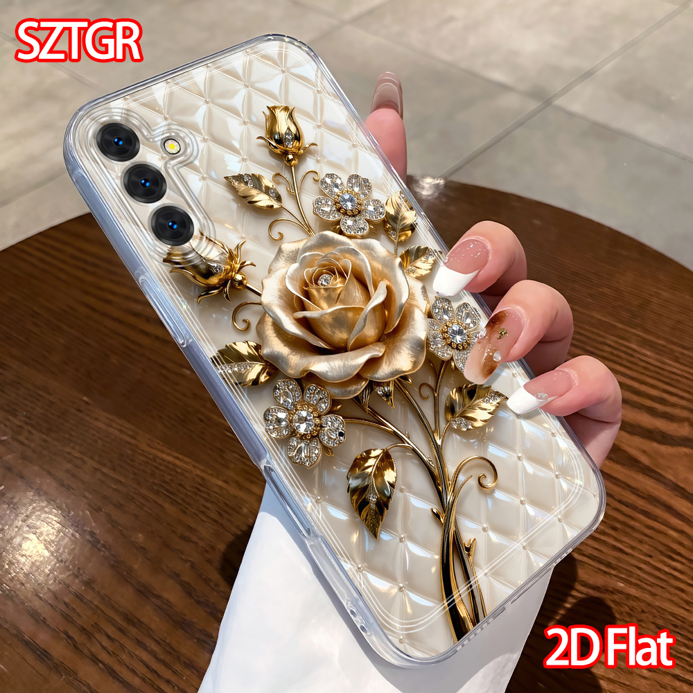 Image of Phone Case: 2d Luxury Golden Rose Phone Case, Floral Style For Galaxy S22 S23 S24 S25 S26 A13 A14 A15 A16 A52, Gift For Her, Elegant Case, Fashion Protective Case, Antiscratch, Phone Cover