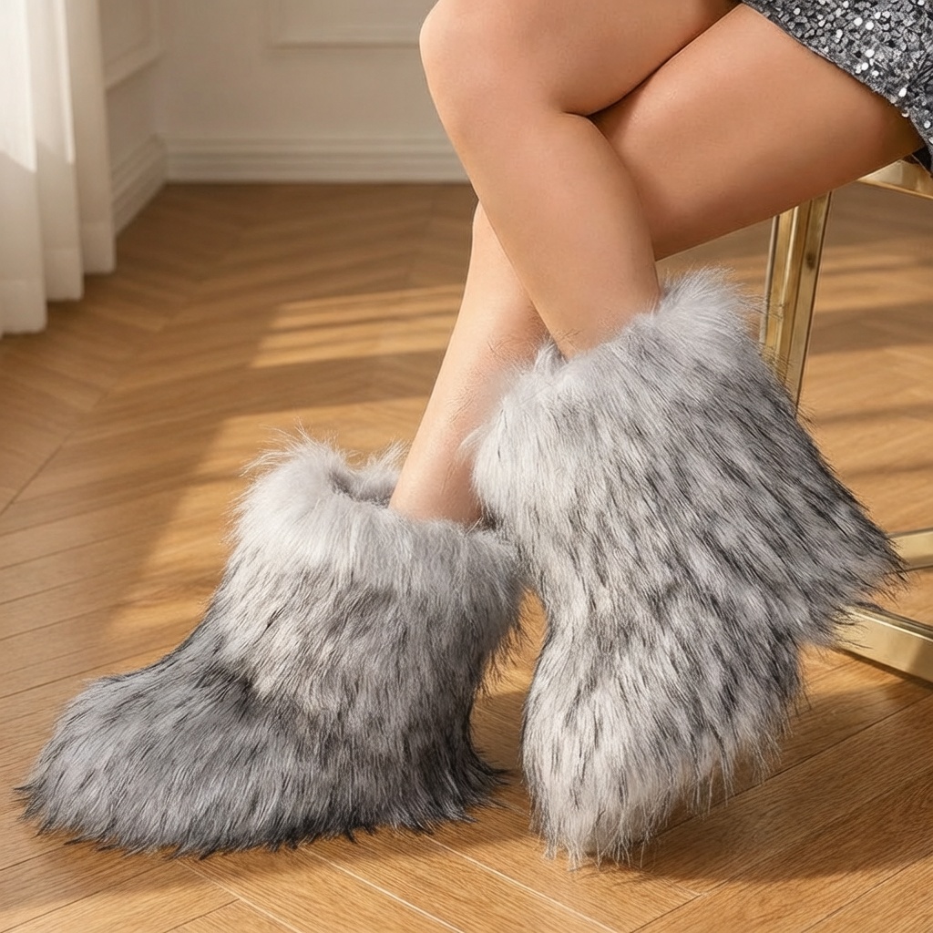 TEMU Rubber Long Plush Low-heel (1-3cm) Bagged Fashion Boots, Flat-soled, Mid-calf, , For Winter, Women Shoes