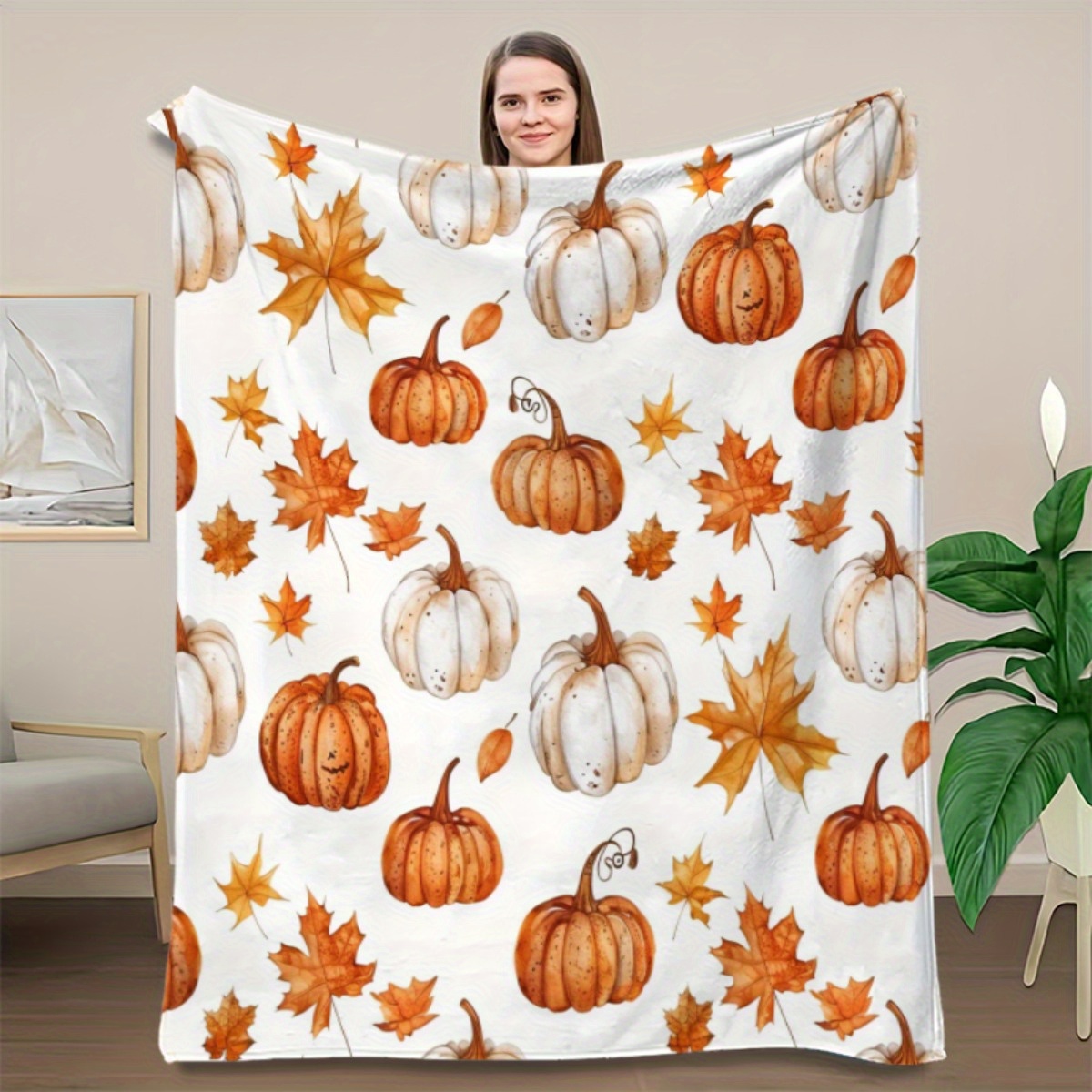 TEMU 1pc Pumpkin And Leaves Print Blanket - Soft Plush Flannel, Lightweight And Durable, White And Orange Pumpkins With , Perfect For Sofa, Bed, Or