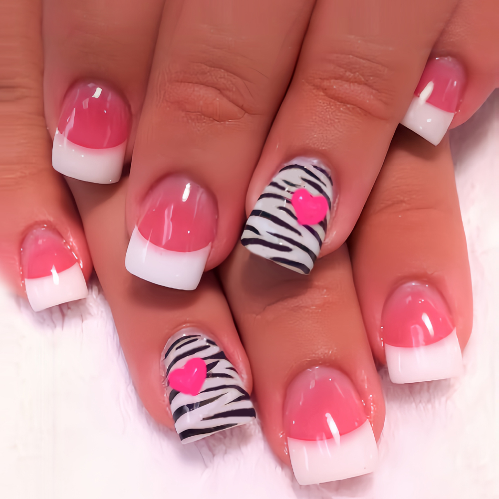 TEMU Enhance Your Beauty 24pcs Short Square Nail Classic Elegant Red Pink Glossy Shiny Heart Black And White Leopard White Edge Powder Brightening