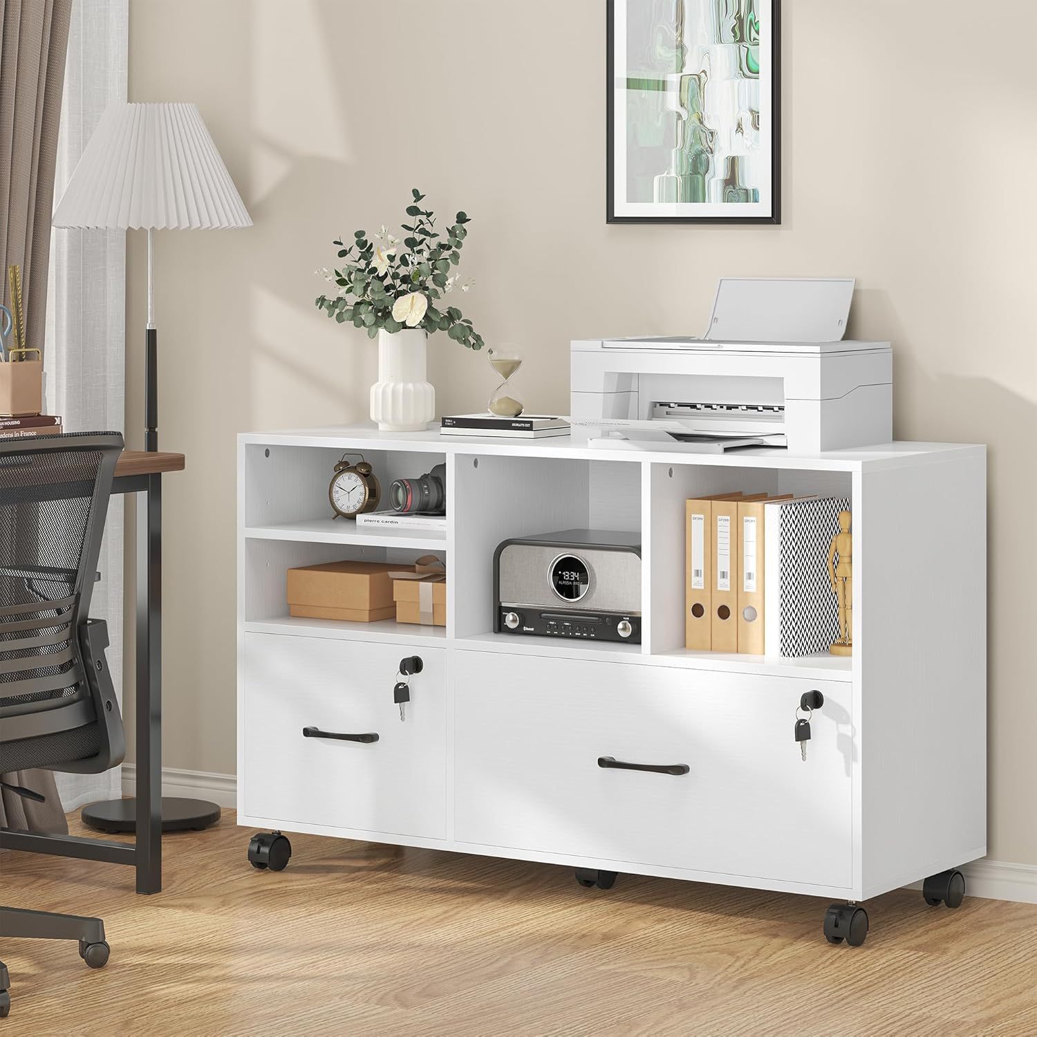 2 Drawer Wood Mobile Large Lateral File Cabinet with Lock, Lockable Rolling Filing Cabinet with Storage Shelves, Printer Stand Office Storage Cabinet for Home Office Fits Files Legal/A4, White