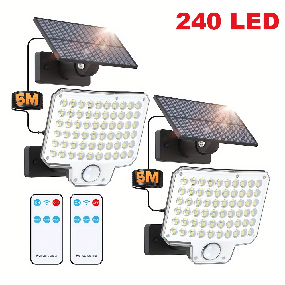 TEMU 1/2pcs Solar Lights Outdoor, 240 Led 3000lm Solar Powered Motion Sensor Outdoor Lights With Remote, 3 Lighting , 16.4ft Cable, Ip65 Waterproof