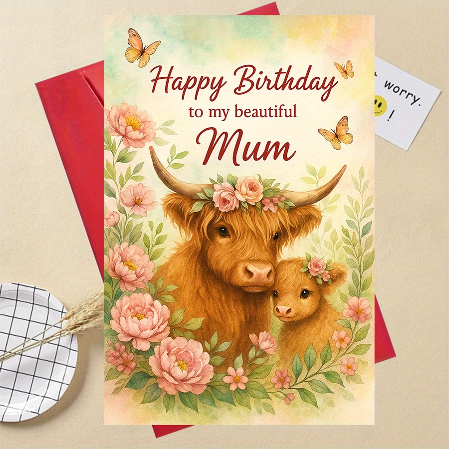 TEMU 1pc Funny Gifts Happy Birthday Mum Card Featuring A Highland Cow And , Ideal For Mother's Day Or A Birthday Present, Greeting For School