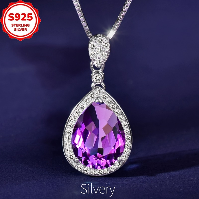 TEMU Collier en argent 925 avec pendentif en améthyste naturelle de goutte et grande taille, design minimaliste et polyvalent - Cadeau idéal pour la