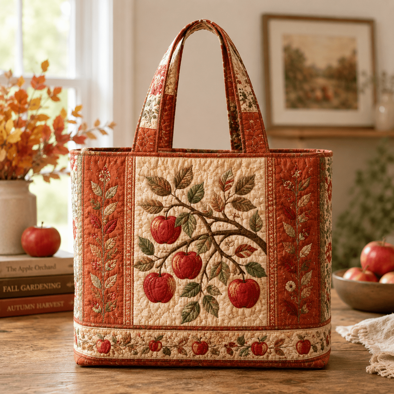 Image of Women's Large Capacity Quilted Tote Bag With Terracotta Branch And Green Leaf Embroidery, Suitable For Travel, School, Work, Gym, Daily Use, , Top For Halloween And Christmas Gifts