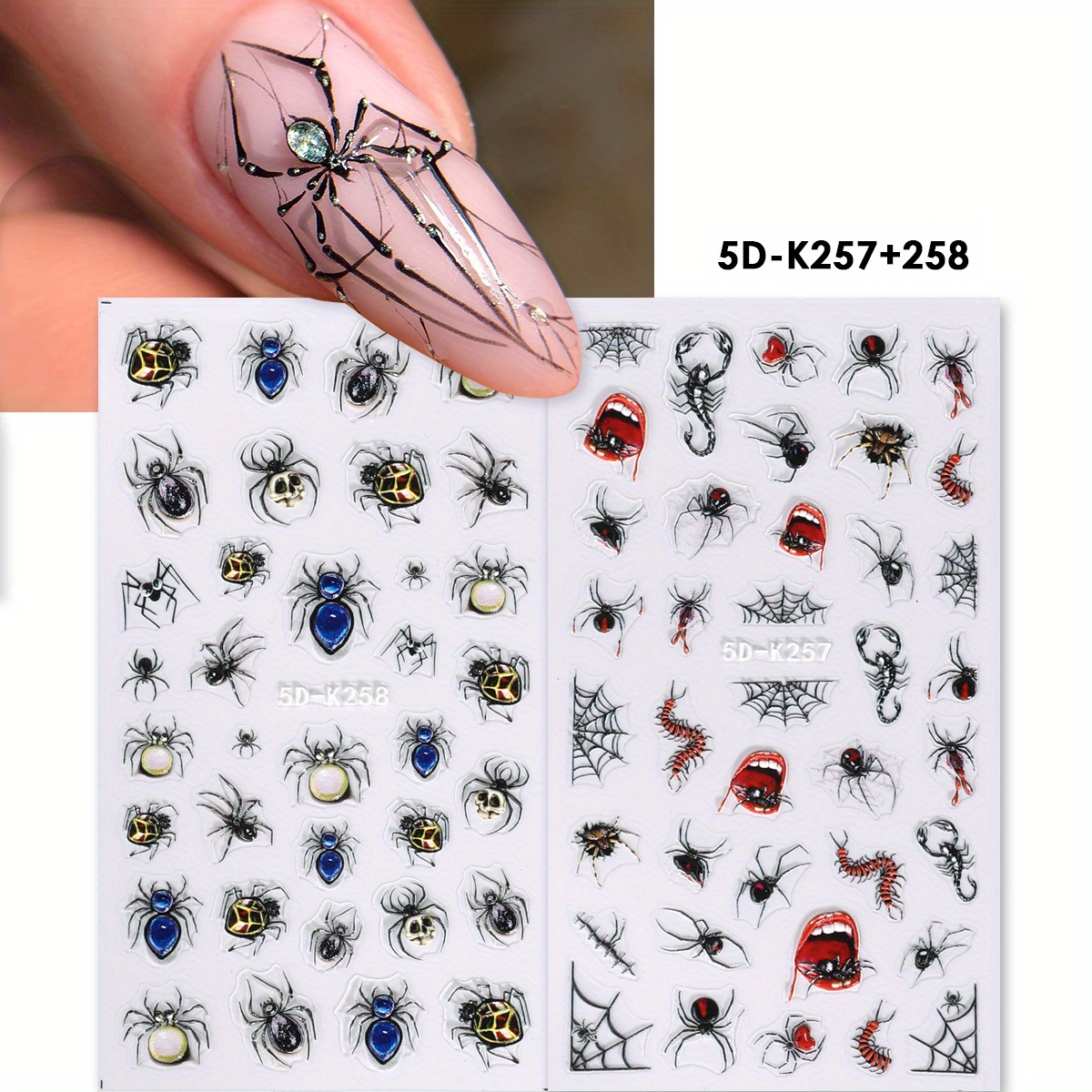 2 Sheet Halloween Gems 5d Embossed Nail Stickers Centipede Web Design Engraved Foils Wraps Holiday Adhesive Decals Manicure Tips