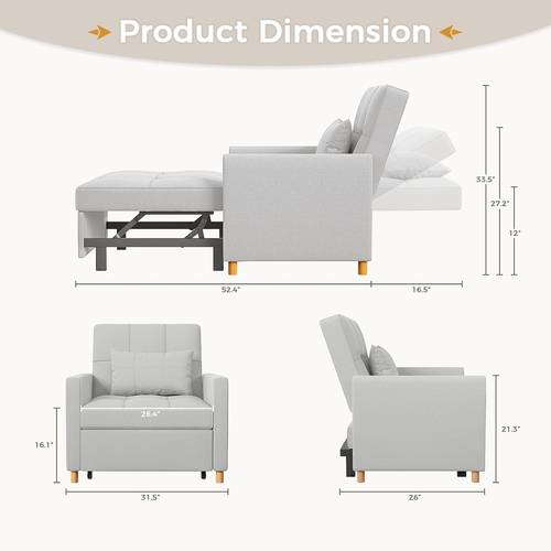 small space sleeper chair bed 31 5 3 in 1 pull out sofa chair for rv apartment living room grey with adjustable backrest storage pocket