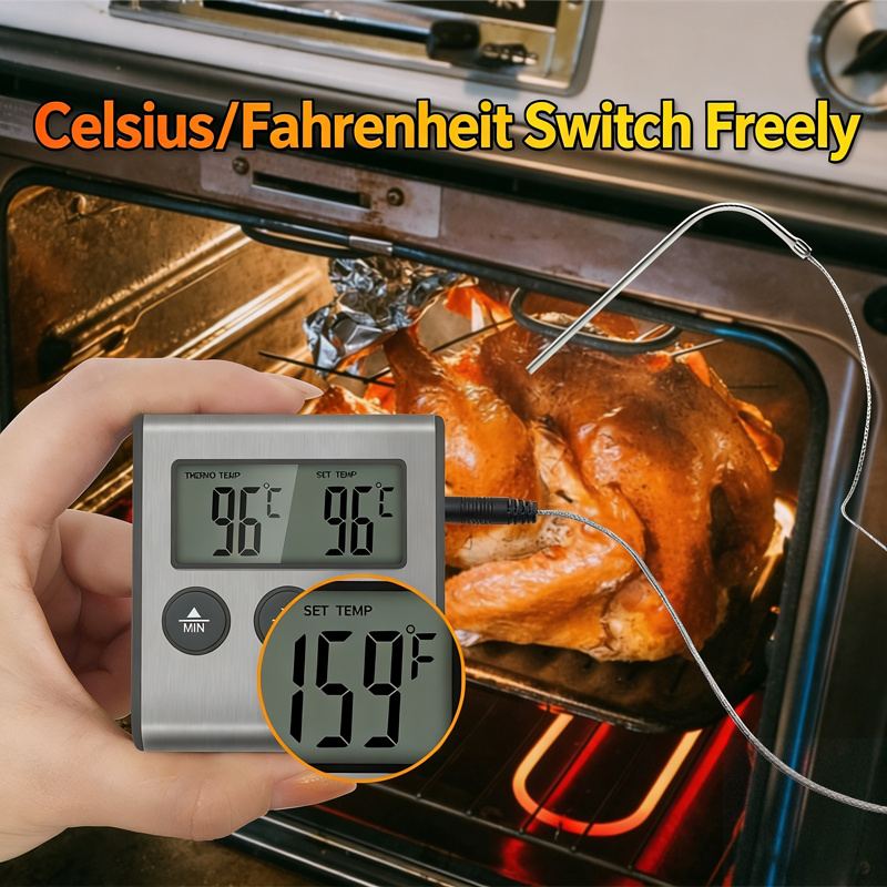 Image of Digital Kitchen Meat Thermometer With A Long Probe Designed For Checking The Temperature Of Liquids, Ovens, Smokers, Barbecues, Candies, Oils, And Deep Frying, Including A Timer Alarm