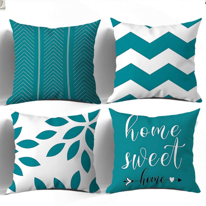 TEMU 2d Flat - 2d 4pcs Teal Geometric Home Themed Pillow Covers, Chevron Arrow Leaf Letter Print, Single-sided Printing, Polyester, No Insert, Multi
