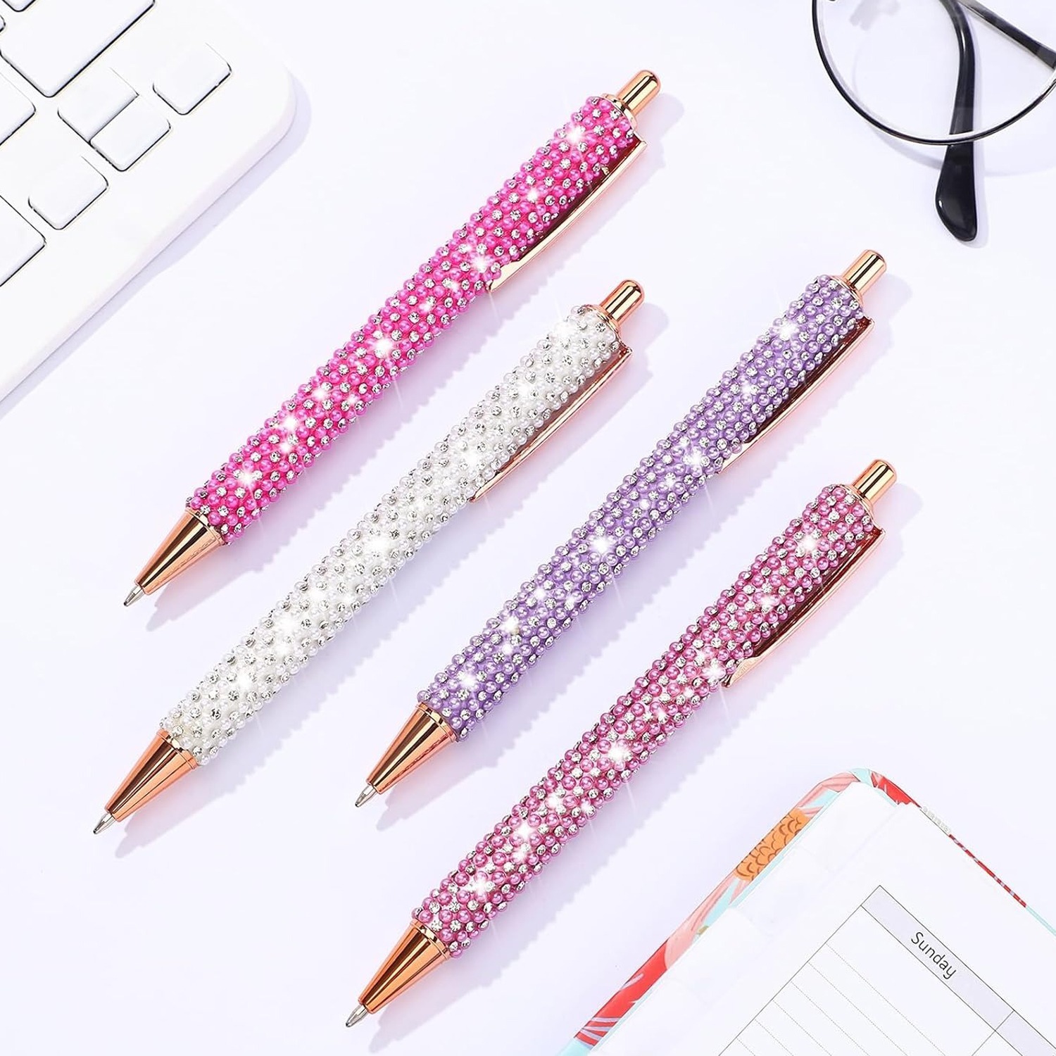 4 Penne A Sfera Con Strass – Oro Rosa – Retrattili In Metallo – Cancelleria Elegante Per Ufficio E Scuola - 5