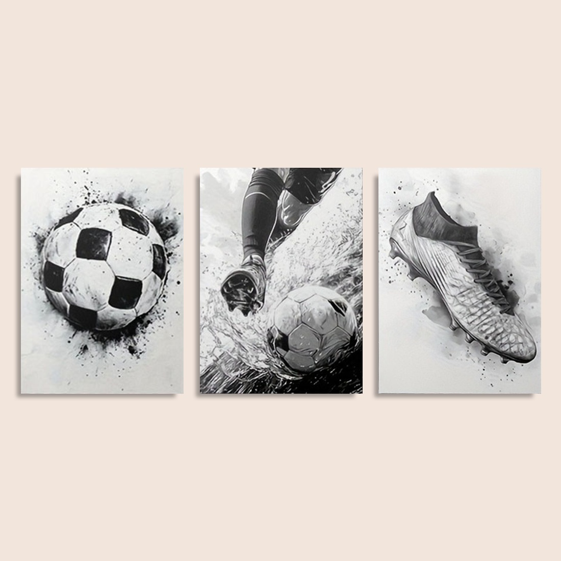 TEMU 2d Flat, 2d Flat, Set Of 3 Posters, Framed Or Unframed, Featuring A Black And White Soccer Theme. This Canvas Is Perfect For Sports Decor