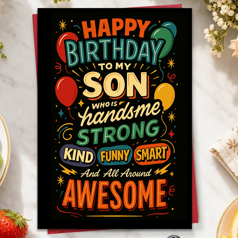 TEMU 1 Happy Birthday To My Son Greeting Card, Featuring A Design With Colorful Balloons And The Complimentary Text " Strong Kind Funny Smart," Blank