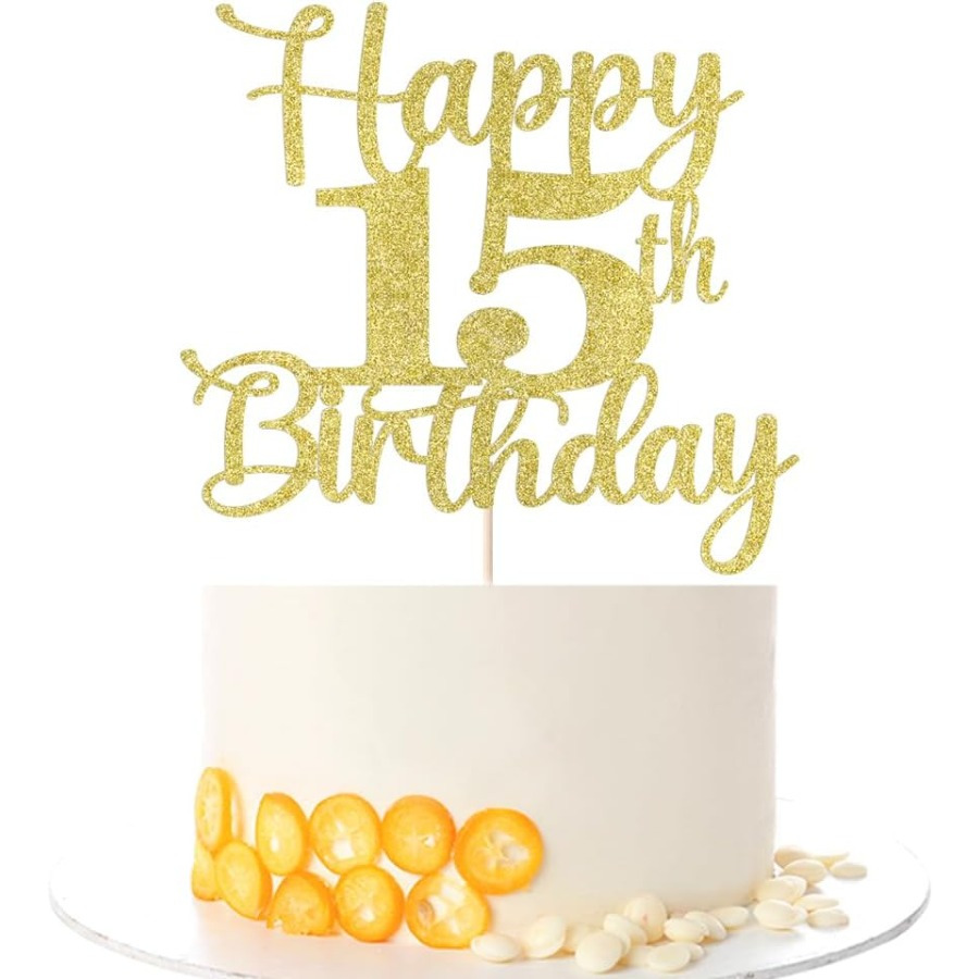1 Pack Glitter Happy 15th Birthday Cake Topper, Hello 15, Cheers To 15 Years, 15th Anniversary Cake Topper, 15 Years Old Birthday Party Decor