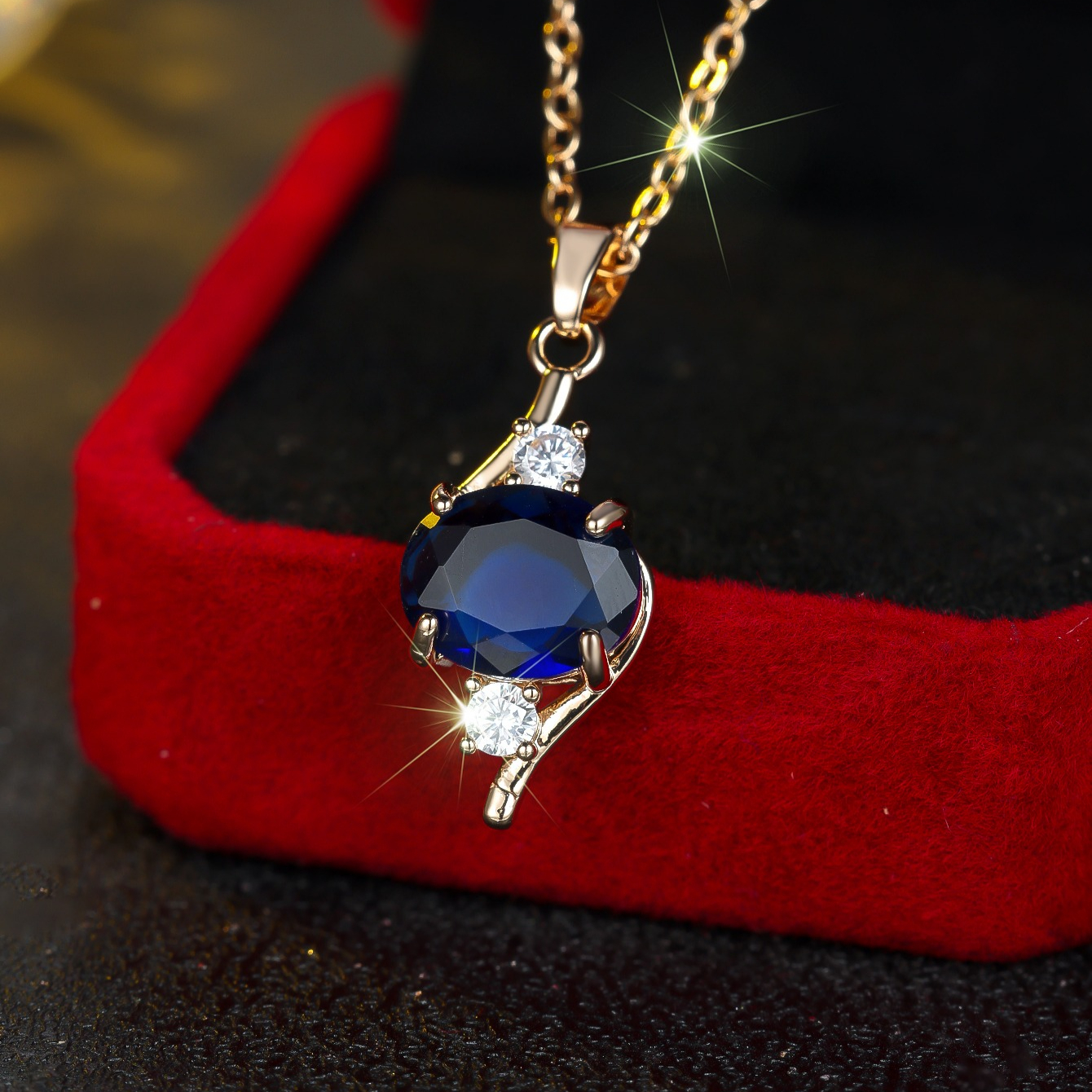 TEMU Plated Blue Synthetic Synthetic Zirconia Necklace - Oval Pendant & Accent Stones, Coated Suitable For Casual Attire, Parties, Elegant,, Special