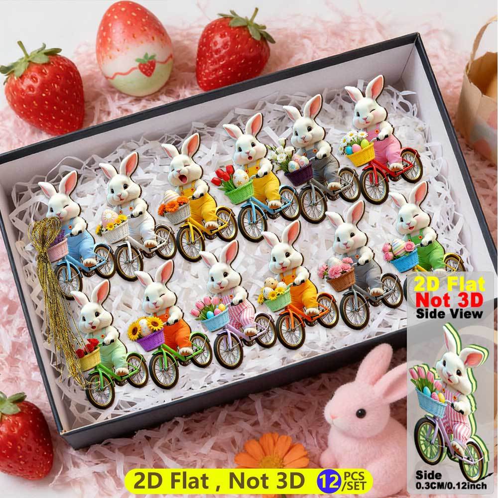 Image of 2d Flat - 12pcs Of Wooden Hanging Decorations Featuring 2d Flat Easter Bunnies Riding Bicycles, Designed With Colorful Eggs And Flowers. Perfect For Spring Celebrations, Ramadan Decorations