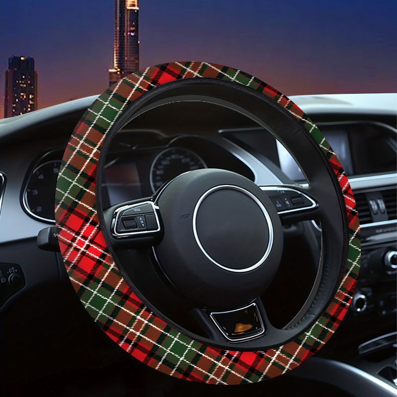 TEMU Steering Wheel Cover For Cars, Measuring 38x38cm, Featuring A Polyester Tartan Design With Checkered Pattern. It Offers A Comfortable Grip And