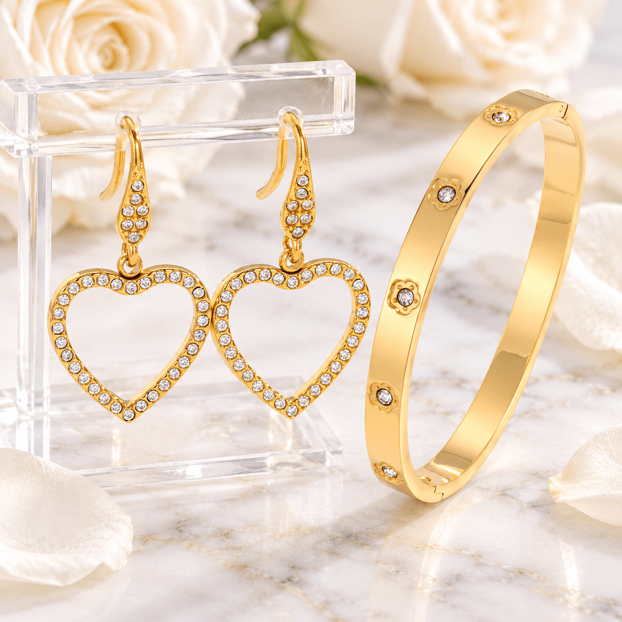 3pc 18K Gold Plated Bracelet and Earring Set, Matte Tray Design