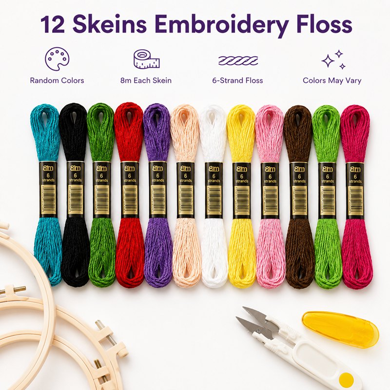 Embroidery Hand Kit with 3 Round Plastic Frames and 12 Skeins