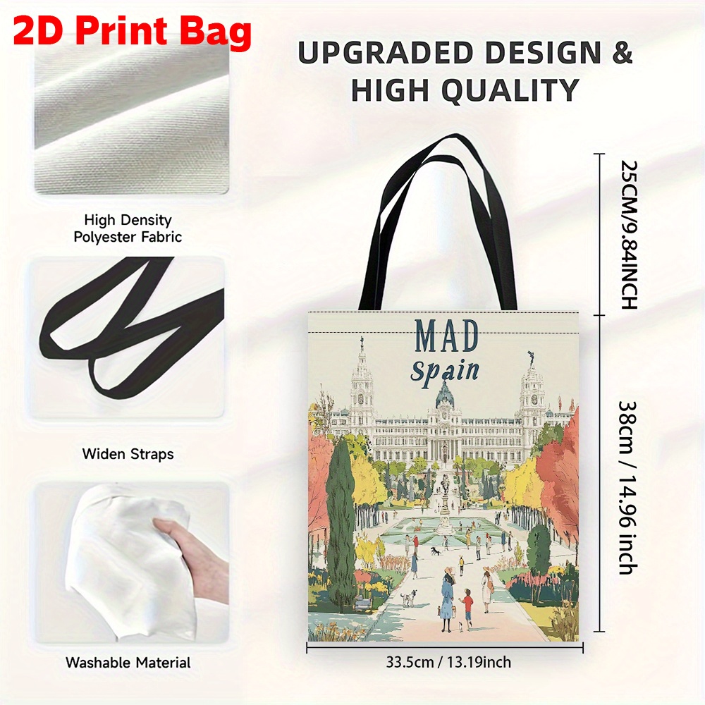 TEMU 1 pieza Bolso de con Estampado 2D Jardín de Madrid Grande, Bolso de Reutilizable para Compras y Compras con Duraderas para Compras, Ideal para