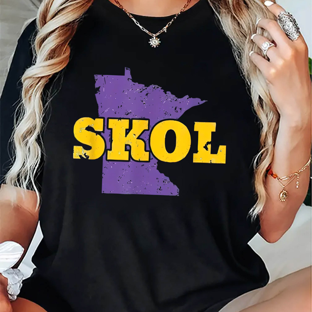 

Women's Casual Crew Neck T-shirt With Skol , Polyester , Medium Stretch Knit Fabric, Alphabet Pattern, Short Sleeve Tee For All