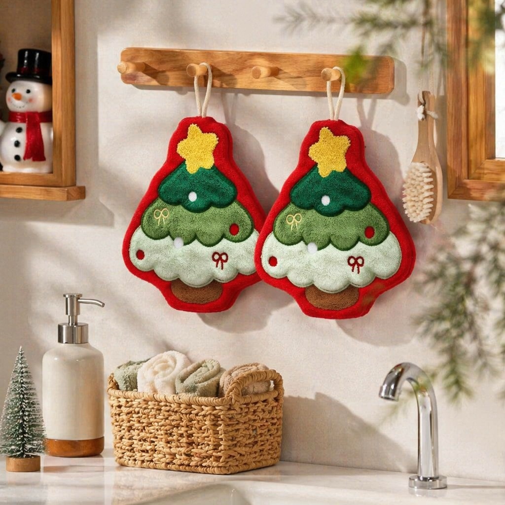 TEMU Lot de 2 serviettes à main suspendues de sapin de Noël - Polaire douce en microfibre absorbante pour cuisine et salle de bain, serviettes