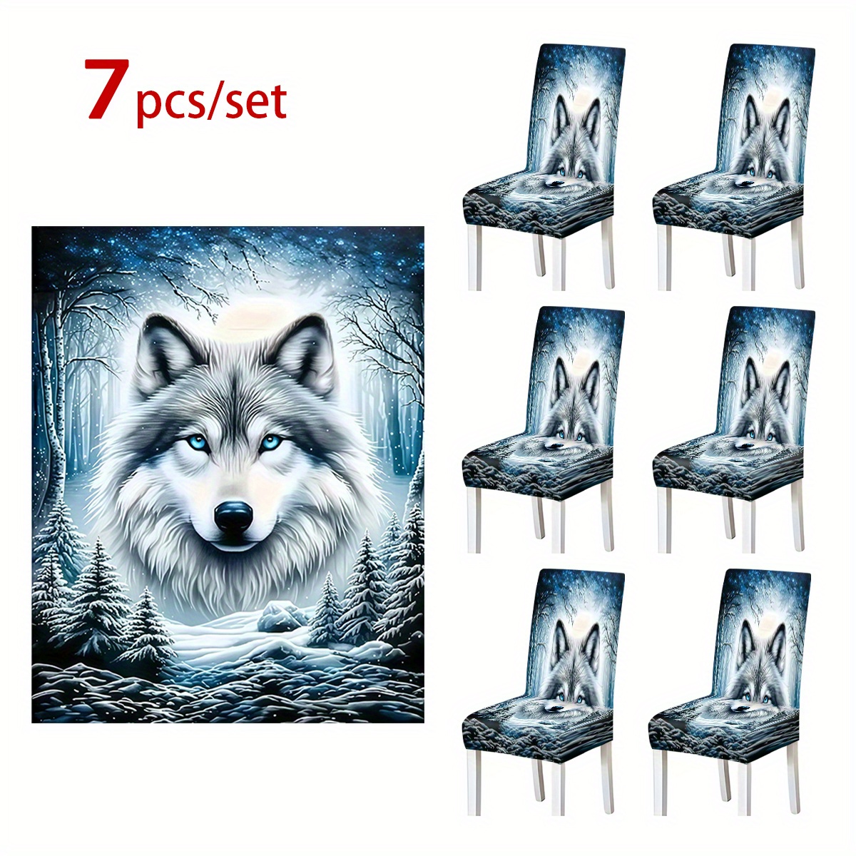 TEMU 1/5/7pcs Fashionable High-end Cool Wolf Holiday Party Chair Cover Tablecloth Set, Premium Thickened Dining Tablecloth And Full Set Of Thickened