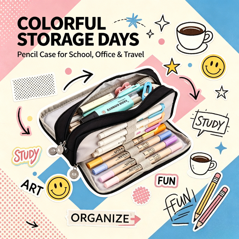 TEMU Stylish Three-layer Thickened Waterproof Polyester Oxford Pencil Case, Large-capacity Simple Zipper Storage Pouch, Portable Multi-functional