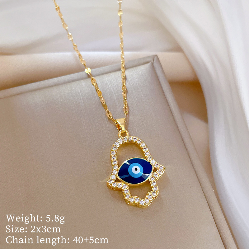 TEMU 1pc Evil Eye Hand Necklace - Golden Plated Cubic Zirconia Charm Pendant, Chain, Blue Enamel Eye, Protection Amulet, Good Luck Jewelry Gift For Women, Teens