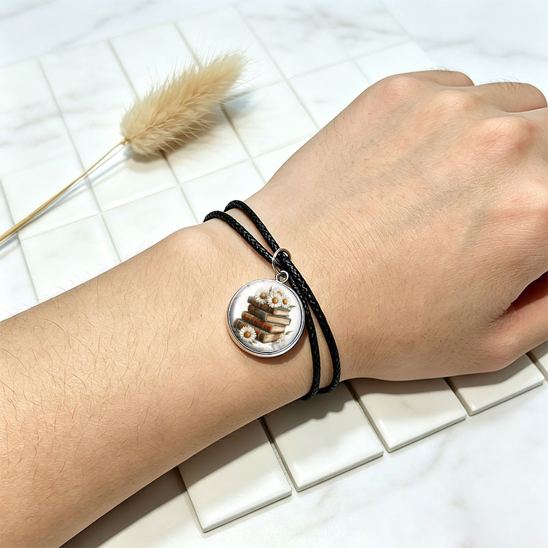 Old Books with White Daisies Glass Dome Adjustable Bracelet for Unisex