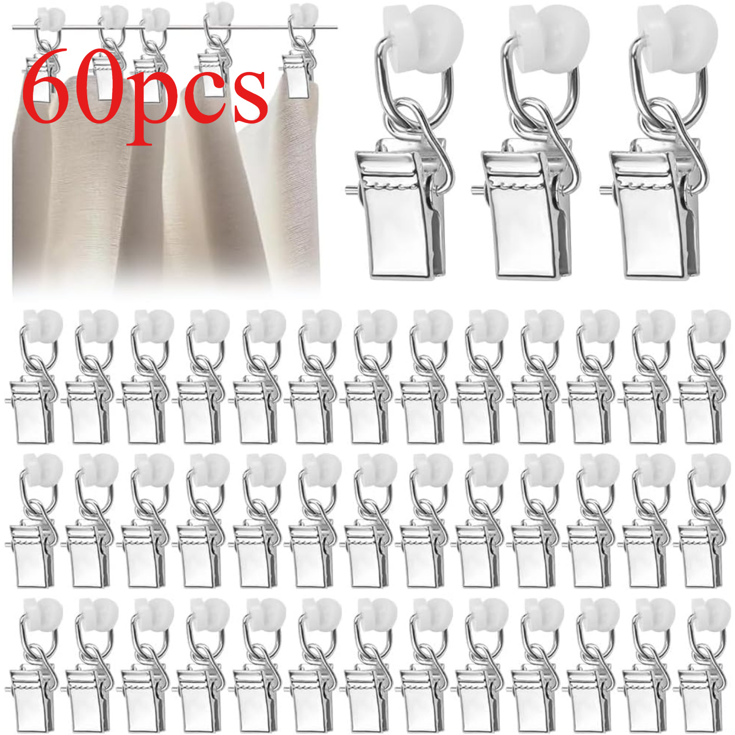 E-shop 60 Gardinenclip-Packs mit Rollgardinenhaken, Metall-Gardinenrollen, Gardinenleisten, Gardinenrollen für Eckfenster, Raumteiler, Duschen,
