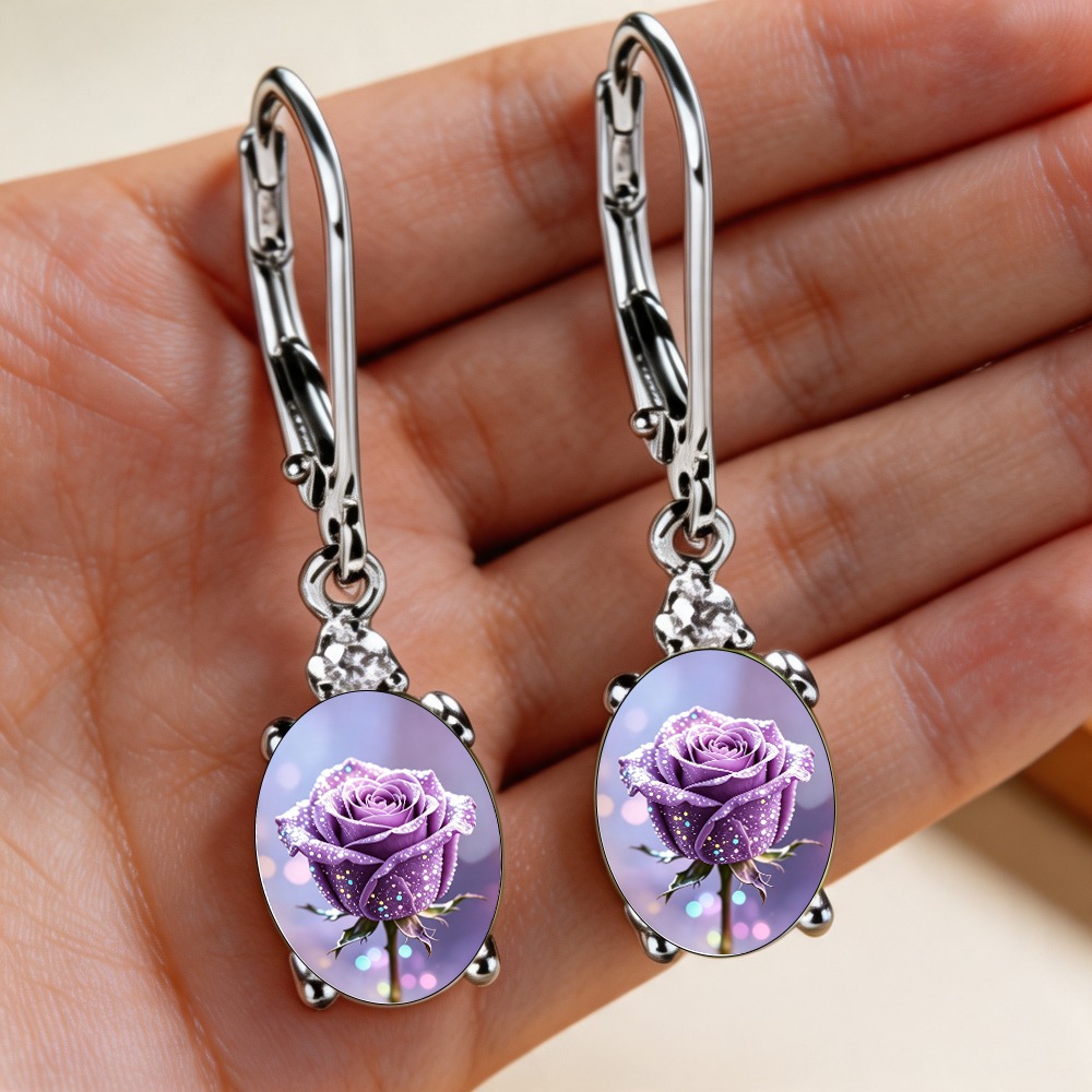 TEMU 2pcs Set Of Purple Rose Floral Themed Earrings, Glittery Oval Pendant Earrings For, Holiday Gift Jewelry, Daily Girly Additions, Dangle Ear