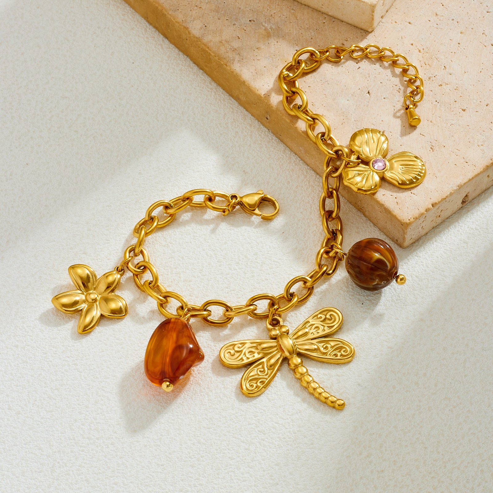 Women's Dragonfly & Flower Pendant Golden Bracelet, Elegant Gift
