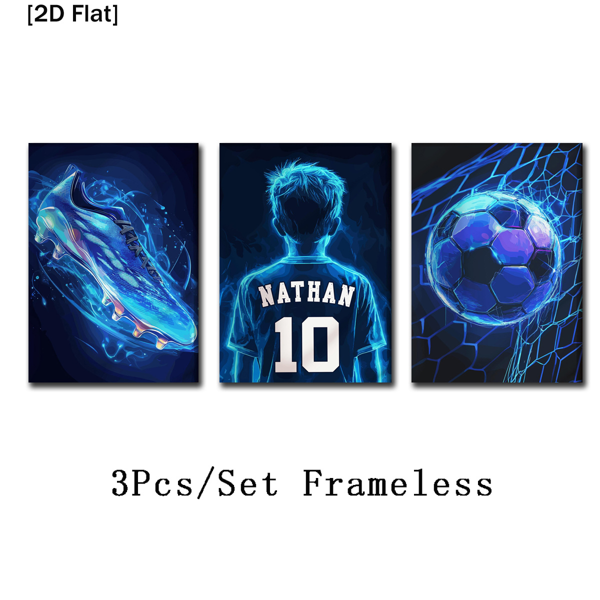 TEMU 2d Flat, Soccer Event 2026 - 2d Flat, [2d Flat] Unframed 3pcs/set Personalized Custom Name/number Soccer Wall Art Prints, Colorful Football/boot