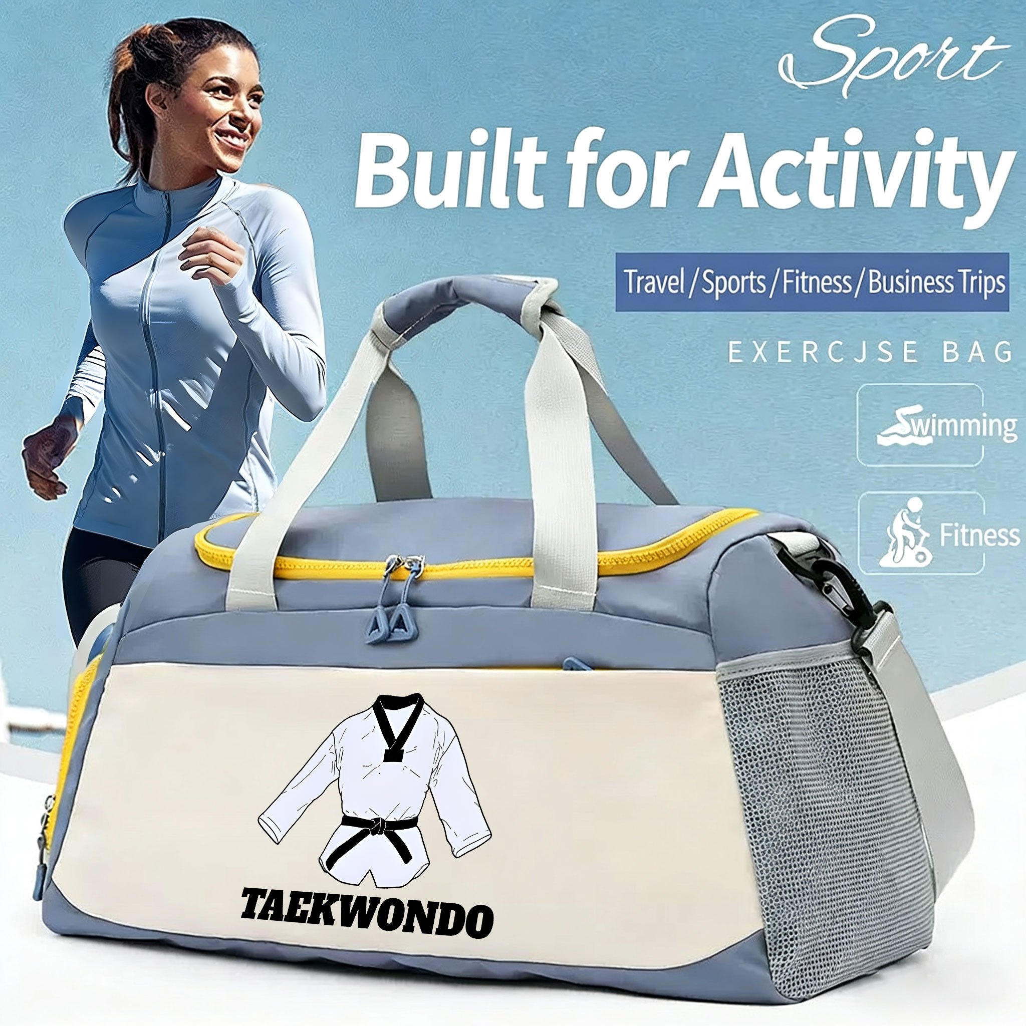 taekwondo themed multifunctional fitness duffel bag with shoe compartment large capacity crossbody gym bag suitable for sports commuting   adjustable strap zipper closure durable
