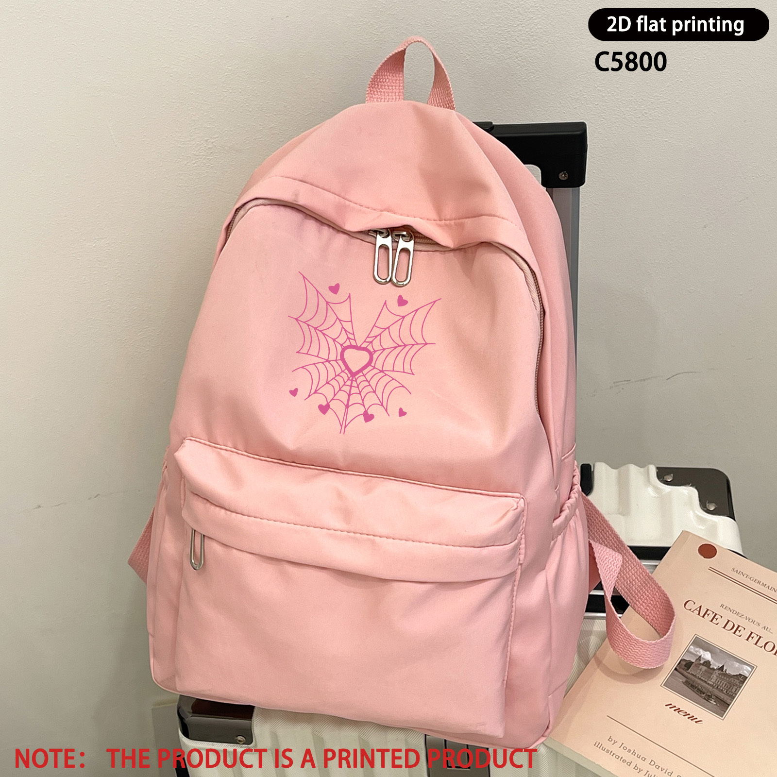 TEMU 1pc Of Fashionable And Trendy Minimalist Spiderweb Heart Pattern Printed Casual Backpack, Commuting School Bag, Multifunctional Travel Backpack,