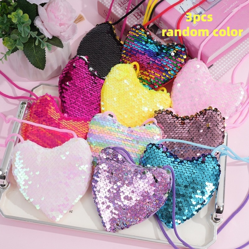 TEMU 3pcs Heart-shaped Sequin Crossbody Bag & Wallet Suitable For Women, Random Color Sparkling Zipper Closure Coin Purse With Long Lanyard, Portable