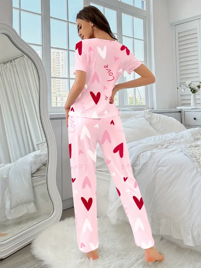 3 sets of 6pcs womens casual polyester white pink top and long pants pajama set heart print fabric short sleeve top with trousers casual loungewear sexy outside Product details 3