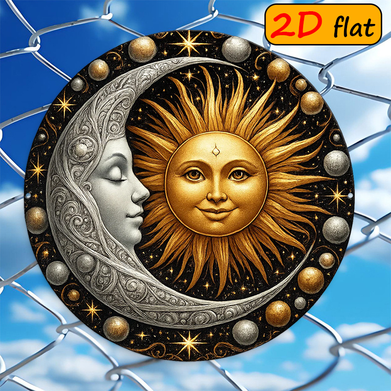 TEMU 2d Flat, 2d Flat Wooden Plaque, 1pc, 20x20cm Round Wooden Outdoor Sign With Sun, Moon, Human Face, And Star Elements, Ideal For Study Room And