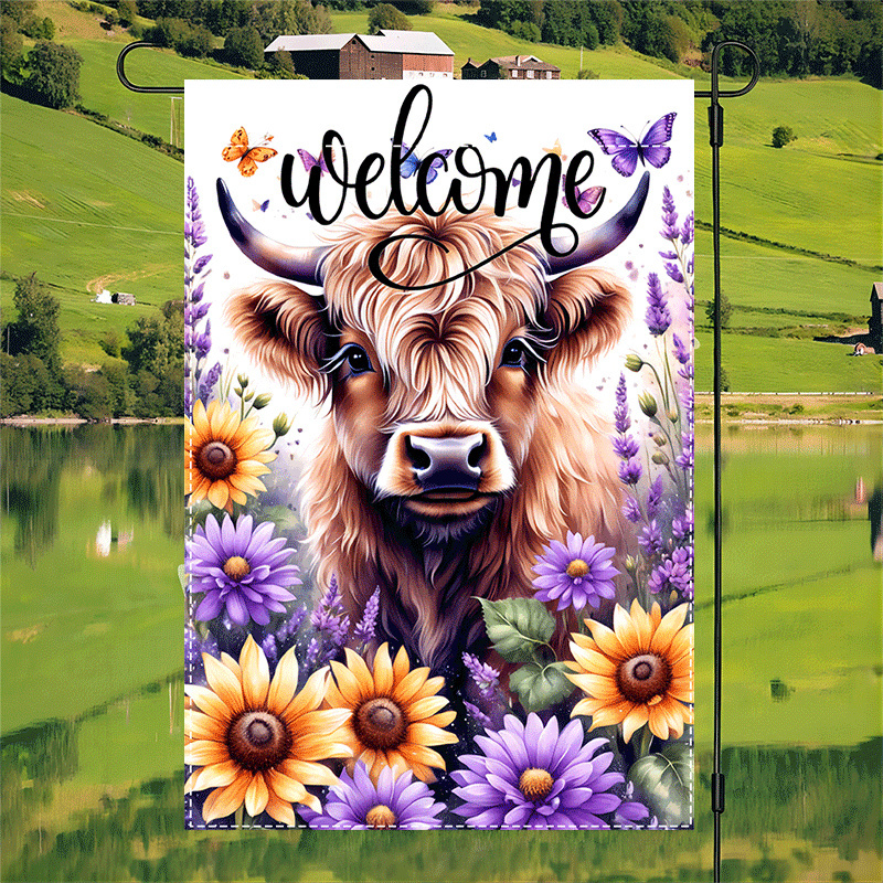 

Welcome Spring Highland Cow & Sunflower Garden Flag - Double-sided, Waterproof Burlap With Butterfly Accent, Home & Outdoor Decor, 12x18 Inches