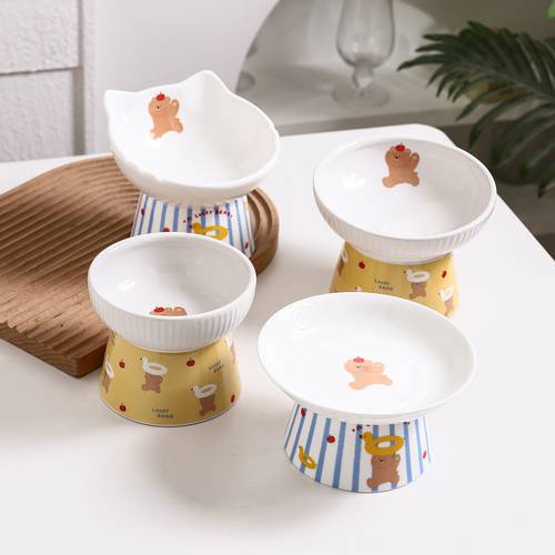 2026 new cartoon bear ceramic cat bowl elevated neck protecting design non slip and easy to food bowl and water bowl protects the cervical spine and prevents chin