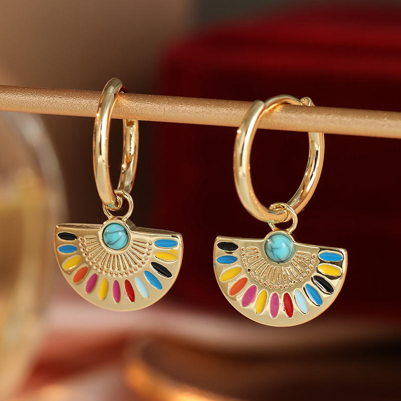 Women's Boho Golden Tone Fan Shape Hoop Drop Earrings
