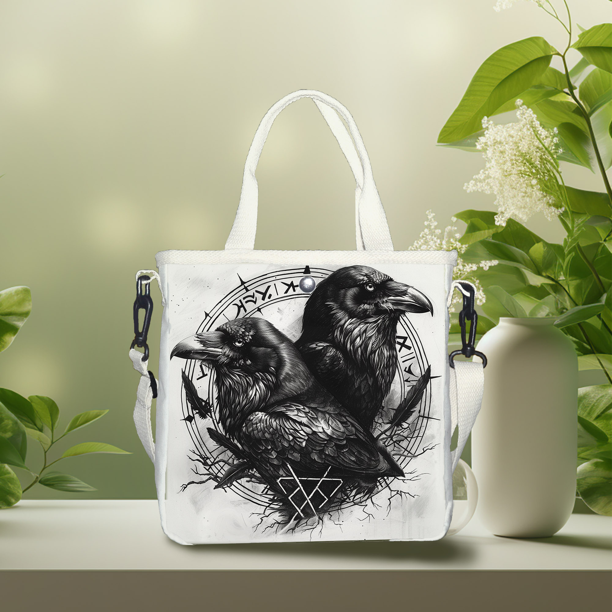 

Crow Printed Canvas Hand-held Shoulder Bag, Fashionable And Casual Metal Single Shoulder Crossbody Bag, Detachable Shoulder Strap And Foldable Handbag, Easy To Carry When