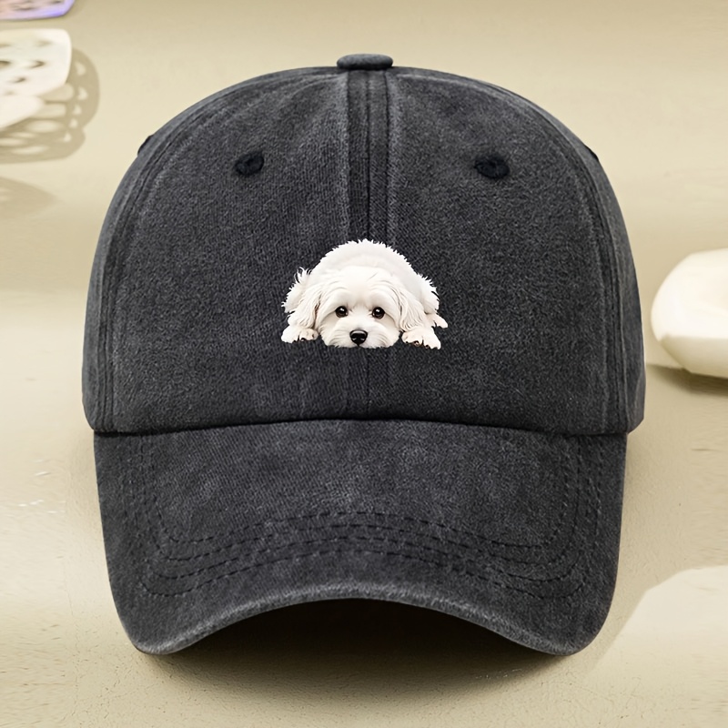 White Puppy Cartoon Print Women's Washed Vintage Print Hat, Distressed Dad Hat, Unisex Retro Trade Baseball , -duckbill Hat, Outdoor Hat, . Make Old Washed Hats, Men's Hats, Women's Hats