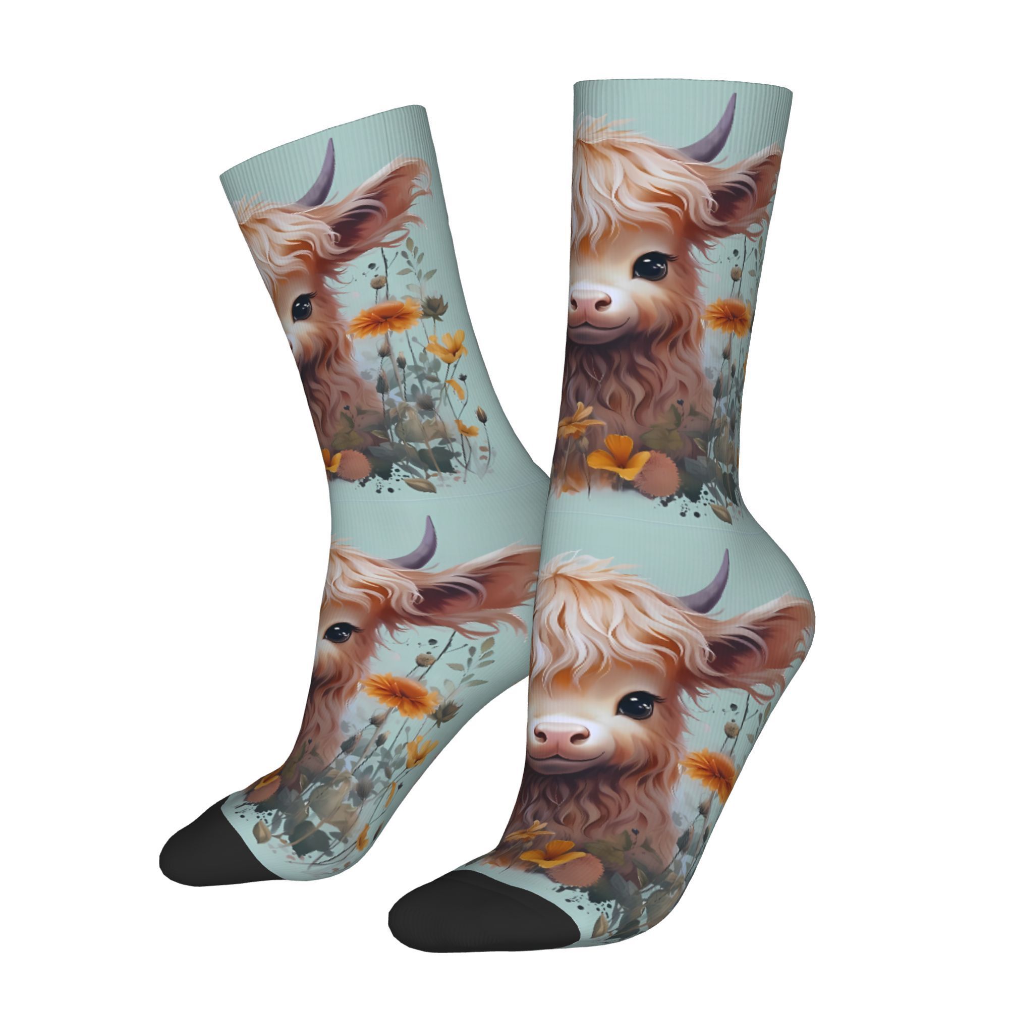 

1 Pair Highland Cow Socks, Polyester Knit Fabric With Elastane, Animal Pattern, Unisex Casual Dress Socks