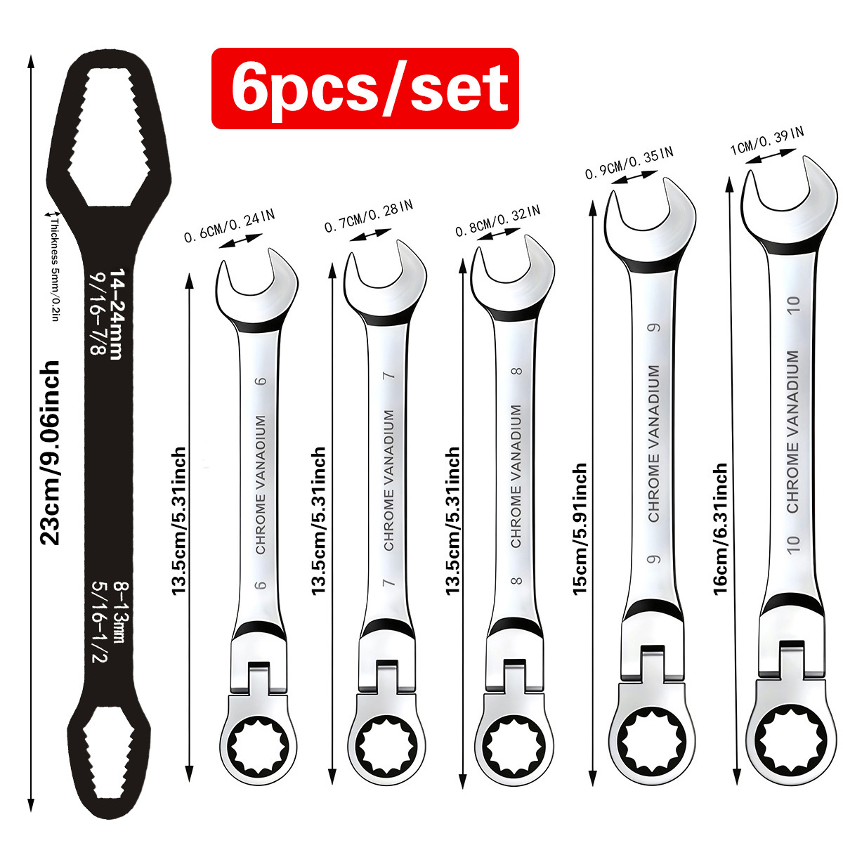 TEMU 6pcs Heavy-duty 2-in-1 Ratchet Wrench Set With Dual- Plumber's Open-end And Swivel Head, Wrench For Manual/mechanical Operation, Adjustable