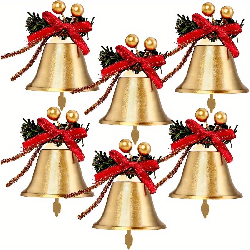 Set Of 6 Golden Jingle Bells With Red Bows And Berries, Perfect For Hanging On Your Christmas Tree As Festive Ornaments