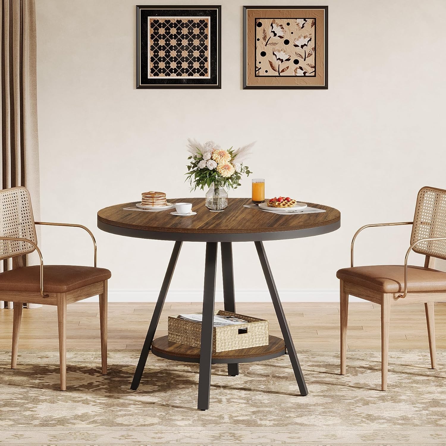 Small Round Dining - | 2-tier Industrial Kitchen Table With Sturdy Metal Base, 90 Cm Diameter, Rustic Brown, Byblight, Contemporary Style, Table Only
