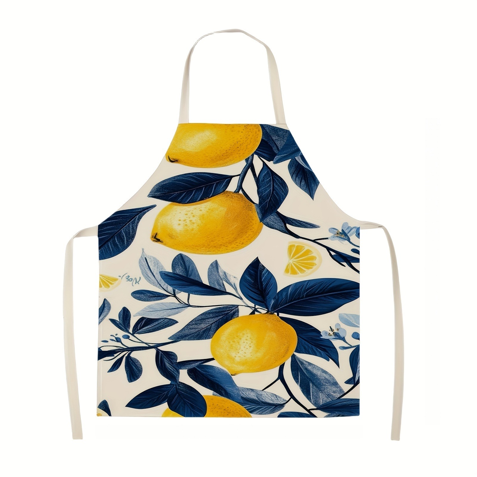 TEMU 1pc Lemon Print Apron With Vibrant Yellow Lemons & Leaves - Adjustable Waist Tie, Kitchen Apron For Cooking, Baking, Grilling, Outdoor Parties -